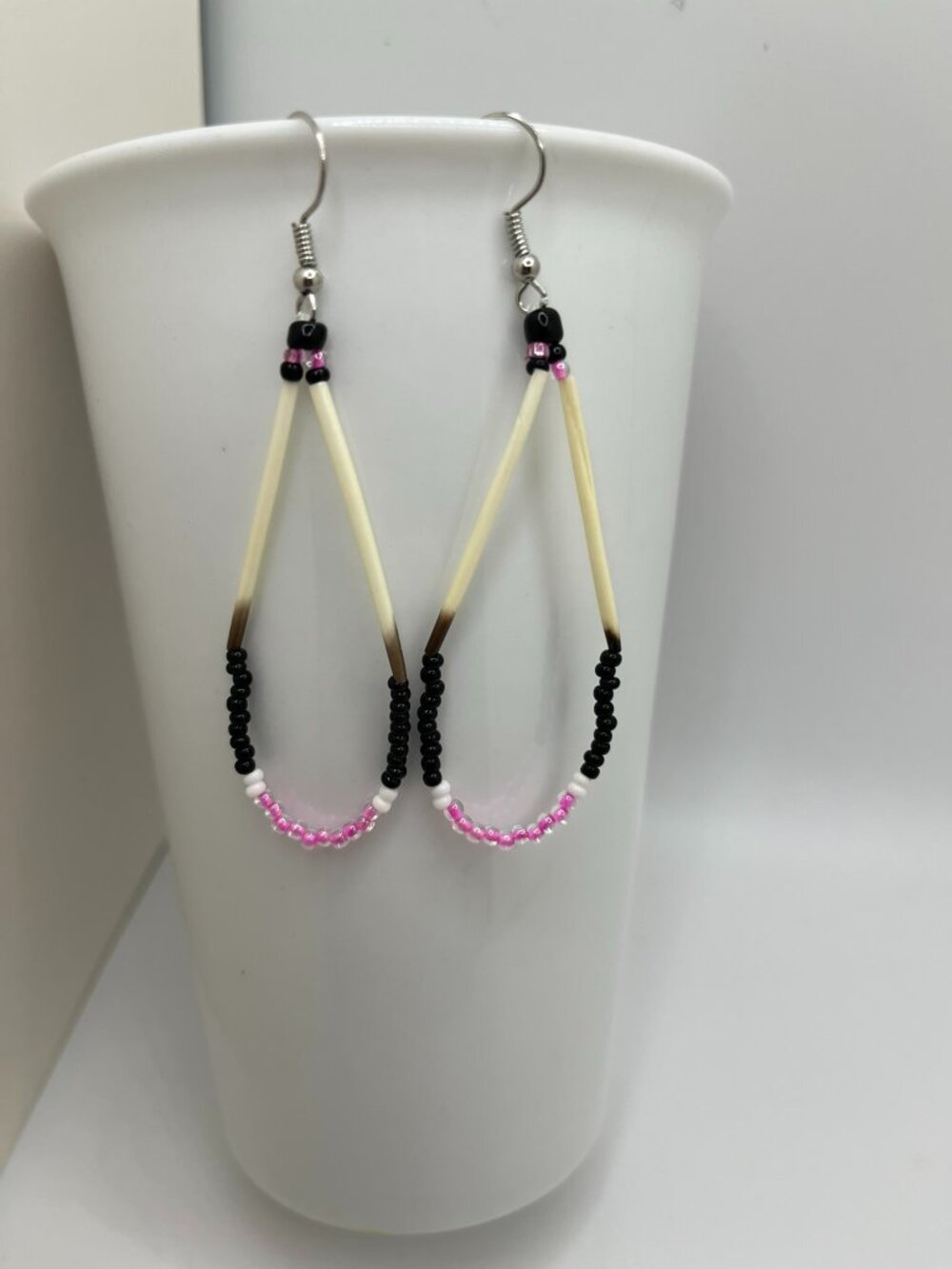Beaded Quill Earrings Pink Black White - Handmade